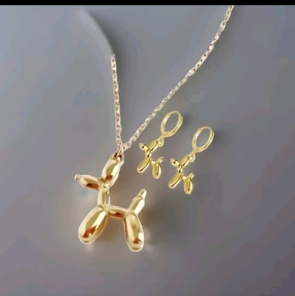 Balloon Dog Pendant Necklace and Dangle Earrings Gold Silver